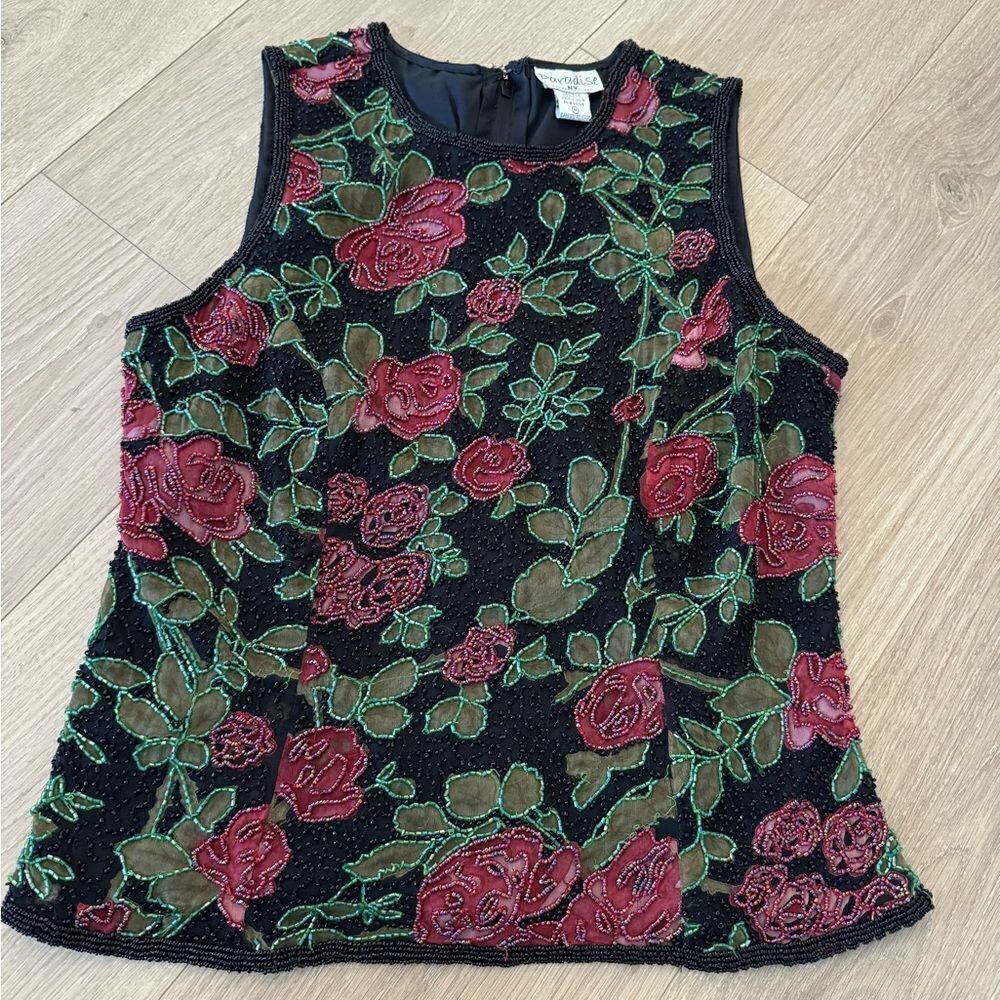 Vintage Paradise NY Large Silk Beaded Rose Sleeveless Top